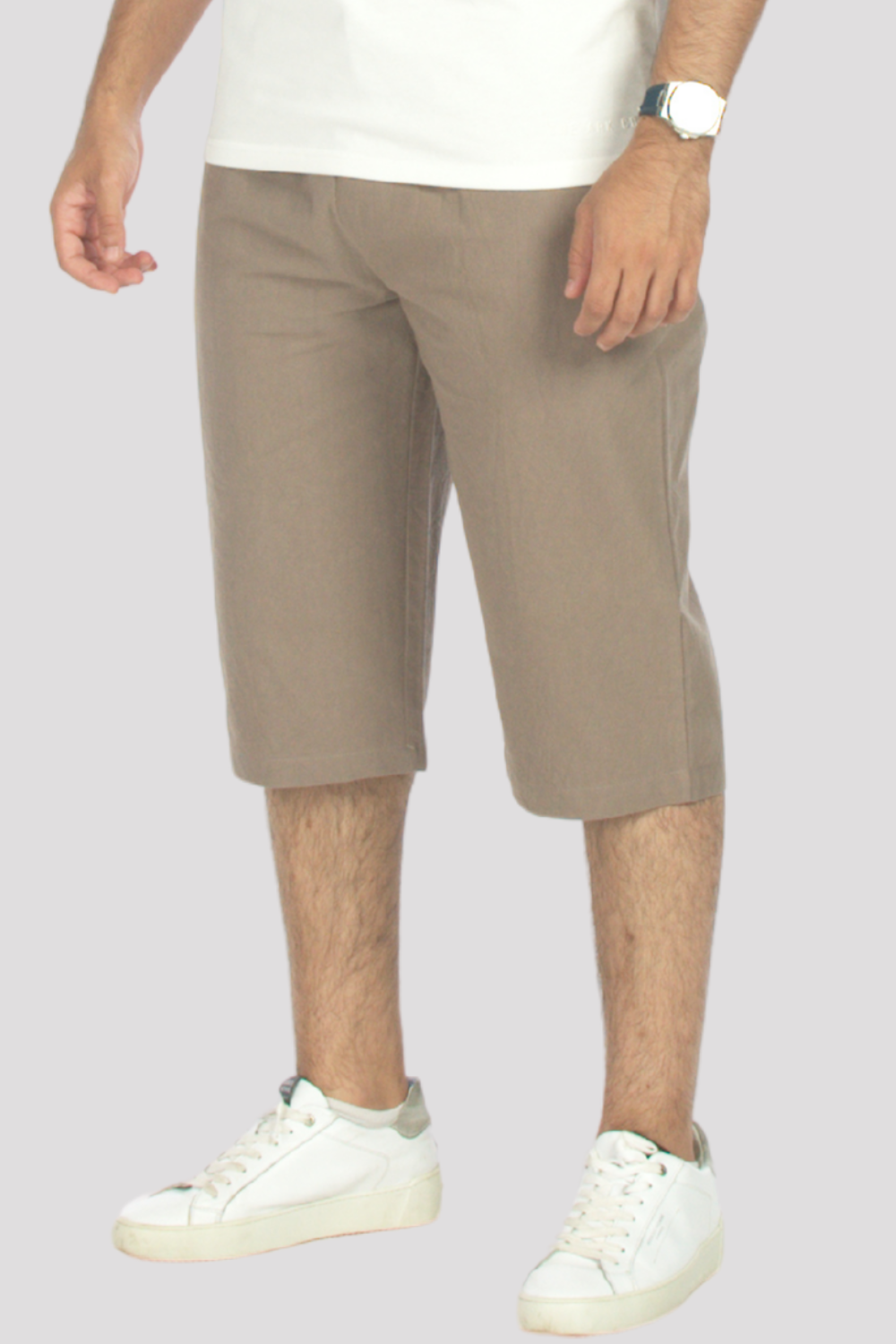 Taupe Linen &amp; Cotton 3/4 Shorts