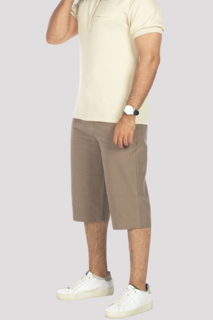 Taupe Linen &amp; Cotton 3/4 Shorts