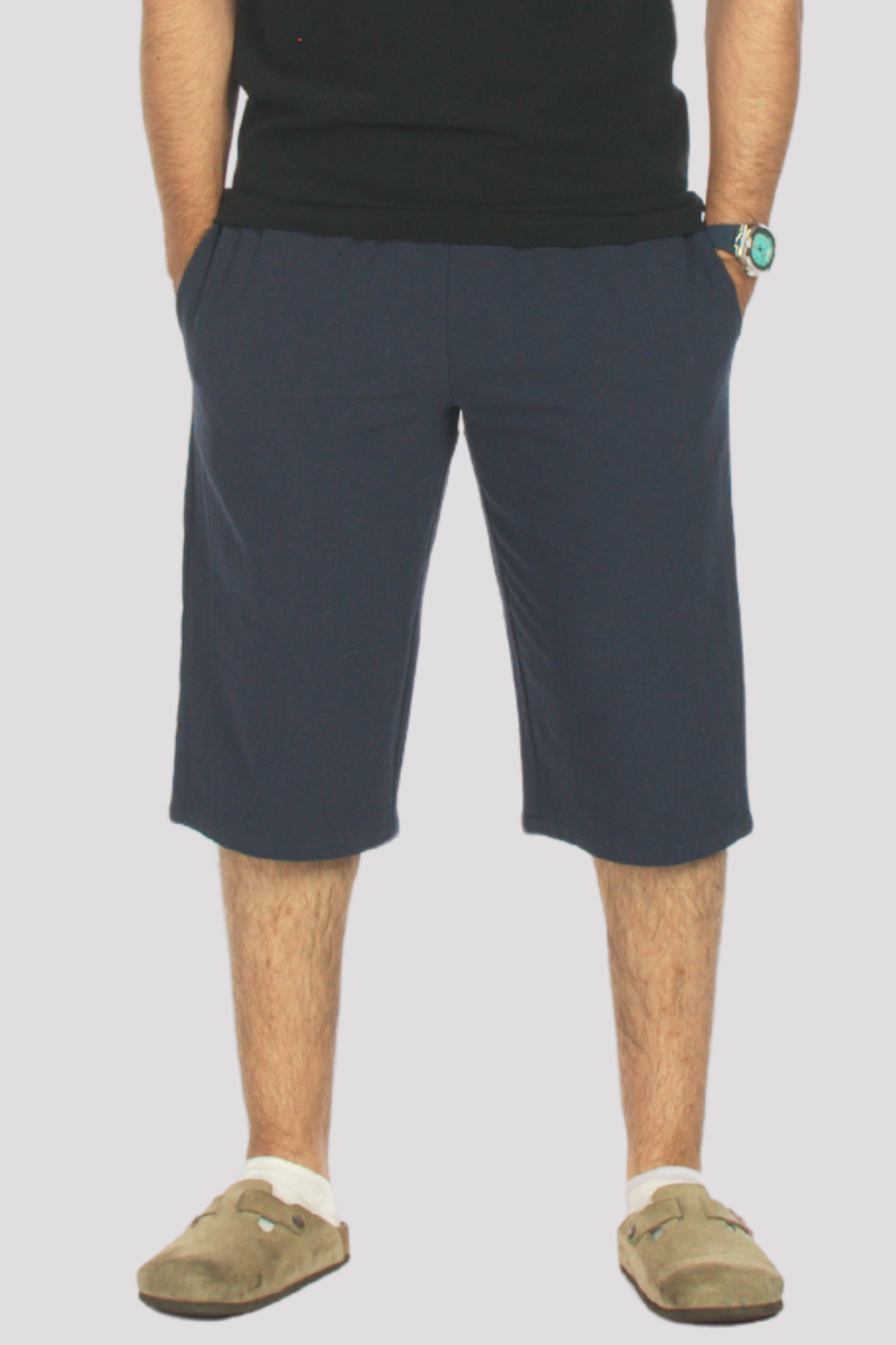Navy Linen &amp; Cotton 3/4 Shorts