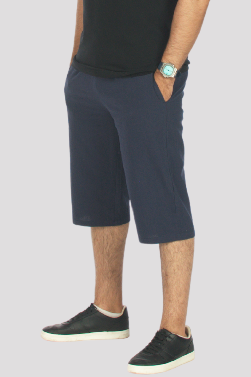 Navy Linen &amp; Cotton 3/4 Shorts