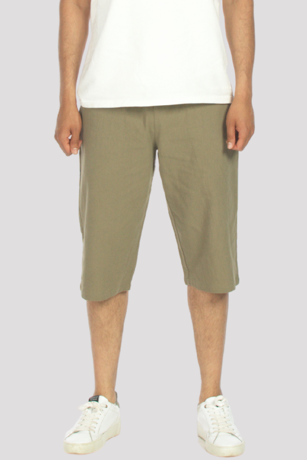 Khaki Linen &amp; Cotton 3/4 Shorts