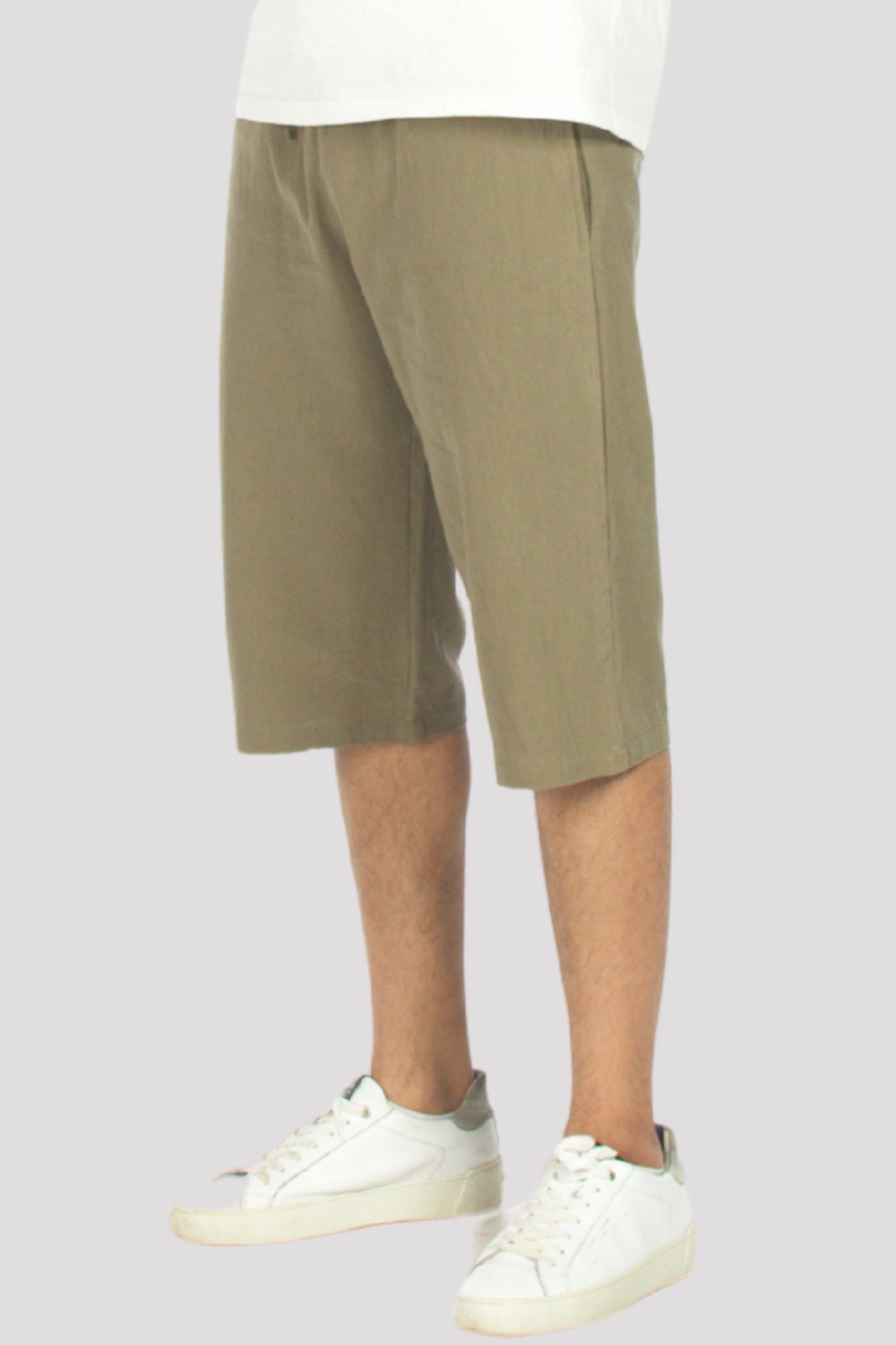 Khaki Linen &amp; Cotton 3/4 Shorts