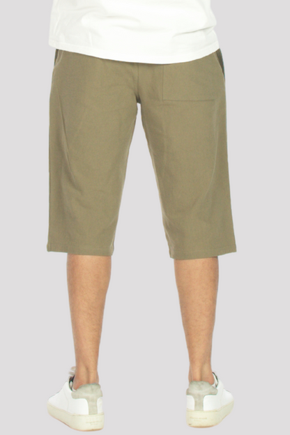 Khaki Linen &amp; Cotton 3/4 Shorts