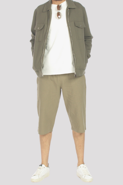 Khaki Linen &amp; Cotton 3/4 Shorts