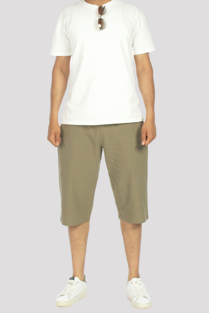 Khaki Linen &amp; Cotton 3/4 Shorts