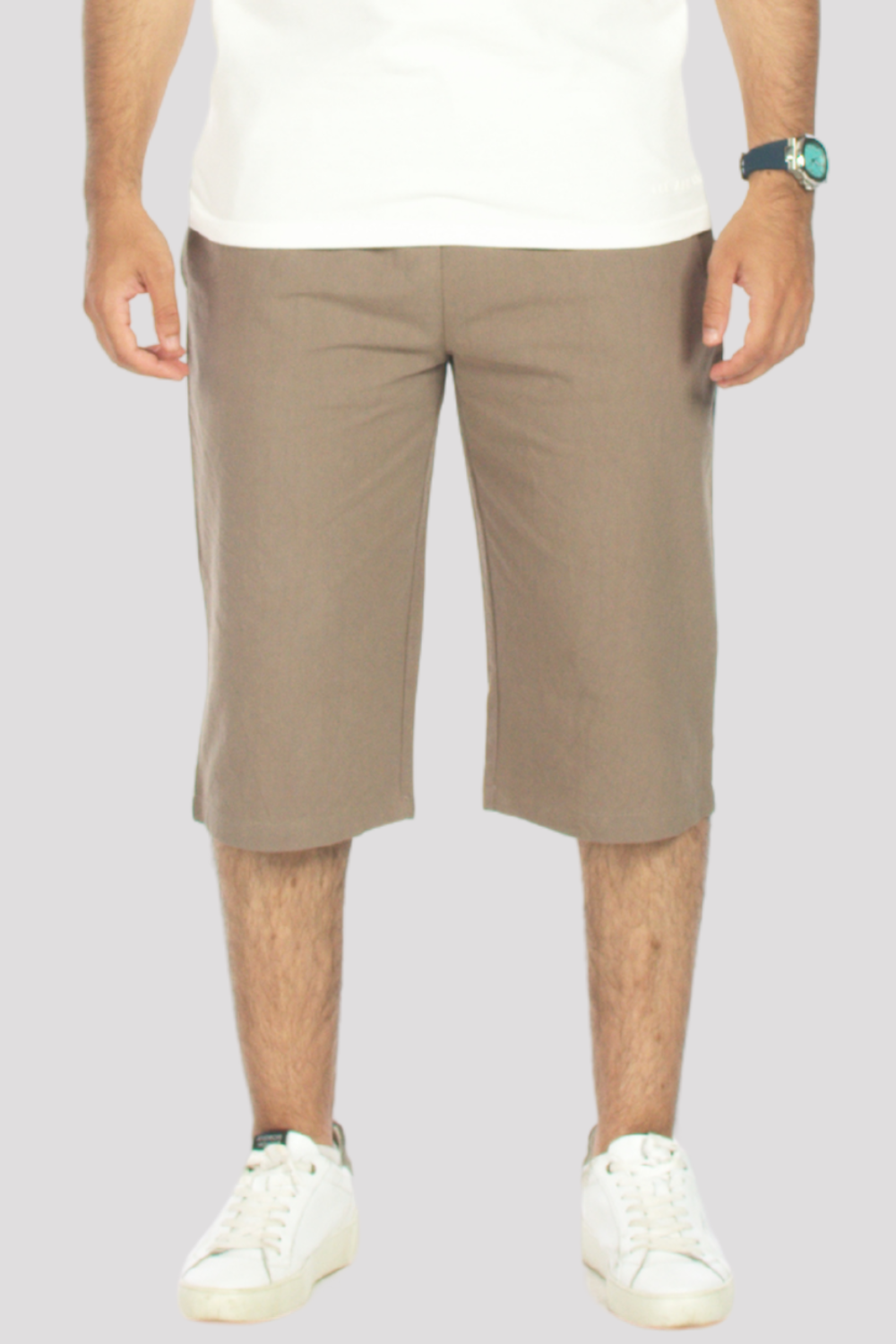 Taupe Linen &amp; Cotton 3/4 Shorts